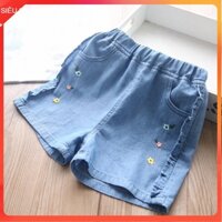 Quần jean đùi bé gái 2-10 tuổi đính hạt, Quần bò giấy cho bé vải nhẹ mềm thoáng mát ống quần rộng