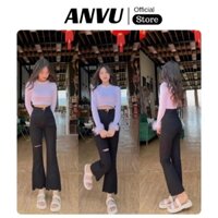 Quần jean giấy nữ ANVU ống loe thiết kế rách đùi, cắt gấu, cạp cao vải bò siêu co dãn - Hàng mới về