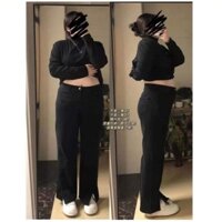 Quần jean giấy nữ đen trơn ống loe/loe xẻ lưng cao bigsize 60-90kg