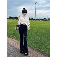 Quần Jean Giấy Ống Loe Rách Gối cạp cao Big Sezi (35-99 cân). Vải Jean Giấy co giãn 4 chiều.
