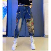 Quần jean Harem giặt đính cườm thời trang công nghiệp nặng dành cho nữ