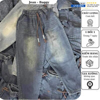 Quần jean Harem nữ cạp chun co giãn, dáng rộng phong cách vintage, kiểu baggy sờn rách