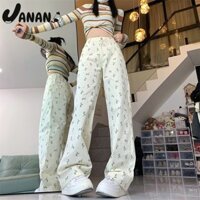Quần Jean Hoa Màu Trắng Kem Quần Jean Nữ Thiết Kế Sense Niche Thẳng Thường Ngày Ống Rộng Quần Lau Nhà