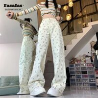 Quần Jean Hoa Màu Trắng Kem Quần Jean Nữ Thiết Kế Sense Niche Thẳng Thường Ngày Ống Rộng Quần Lau Nhà