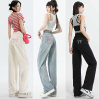 Quần JEAN KAKI suông rộng baggy đứng nữ MIAA lưng cao THÊU NƠ, quần KAKI jean THÊU NƠ cạp cao ống suông đủ size