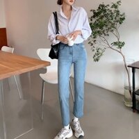 Quần jean lỡ ống đứng hơi bó phong cách Hàn Quốc