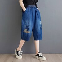 Quần Jean Lửng Nữ bò giấy thêu meo cá tính [m28]