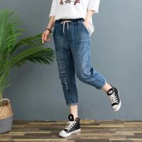 Quần jean lưng thun nữ lửng baggy phong cách Nhật Bản MoriGirl VN