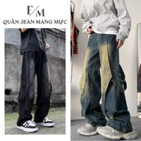 Quần Jean Mang Mực Phối Dây Nam Suông Ống Rộng Quần Jean Unisex Mang Mực Phong Cách HIPHOP FOXYMAN