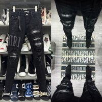 Quần Jean Nam Amiri Skinny Đen Xậm Thêu Chữ Da Đùi Phối Rách Xù Vá Vải Nhăn Sọc Đen Trắng 4 Khuy Boy Phố