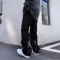 Quần jean nam baggy ống rộng form suông lưng thun, quần bò unisex ống đứng hottrend kiểu dây kéo độc đáo cá tính
