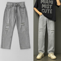 Quần Jean Nam Baggy Unisex Xám Wash Rách Gối, Form Suông Ống Rộng, Vải Jean Dày Mềm Mại Dễ Phối.
