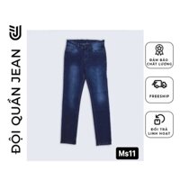 Quần jean nam basic trơn xanh đậm wash trắng co giản tốt không ra màu (44 -99kg) MS11