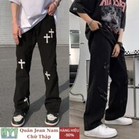 quần jean nam chữ thập thêu rách gối khóa séc zip đen HELLOYOU, quầ bò jean nam rách gối ống rộng thánh giá 2023
