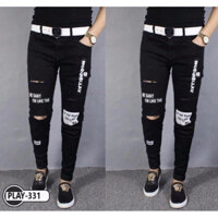 Quần jean nam co giãn đen in rách