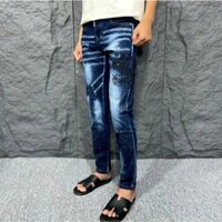 Quần jean nam dài 4 cúc phối vẩy sơn thêu hoạ tiết hổ chỉ đen cao cấp