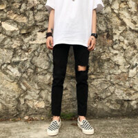 Quần Jean Nam Đen Rách 1 Bên Gối Cao Cấp Menswear
