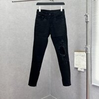 Quần jean nam đen rách 1 bên gối thêu khoá ống đơn giản đẹp QJ191P