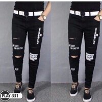 Quần jean nam đen rách Gối Cá Tính Phong Cách.Jean wash Phối Chữ ms 331