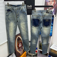Quần jean nam DG xanh trơn xước loang gối mix túi sau xanh đậm tag logo QJ505P