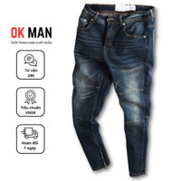 Quần jean nam khóa gấu màu xanh đậm, quần bò ống đứng co giãn thoải mái OKMAN 23555
