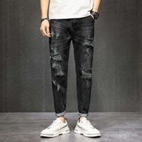 Quần jean nam màu đen xám cá tính thời trang 2024 Hồng Kông, đa năng, ôm sát, phong cách Hàn Quốc, quần jeans rách với vết mực