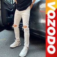Quần jean nam màu trắng rách gối chất bò cao cấp co dãn 4 chiều cực đẹp form skinny quần bò nam Vozodo 22 nhiều mẫu mới