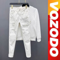 Quần jean nam màu trắng rách vá da chất bò co dãn 4 chiều cực đẹp quần bò nam boy phố form skinny Vozodo 100 mẫu mới
