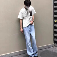 Quần jean nam màu xanh nhạt phong cách Mỹ Xi lanh rộng lưng cao Washed Old Thích hợp cho cả nam và nữ