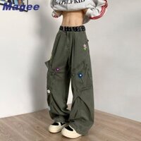 Quần Jean Nam Mỹ Retro Xanh Thêu Eo Cao Thẳng Quần Ống Rộng