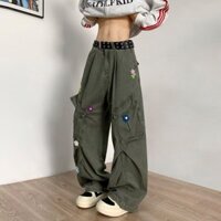 Quần Jean Nam Mỹ Retro Xanh Thêu Eo Cao Thẳng Quần Ống Rộng