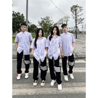 QUẦN JEAN NAM NỮ KẺ 4 VẠCH GỐI MÀU ĐEN Quần Ống Rộng Phối Đáp Rách Gối Mã MỚi dành cho học sinh và sinh viên 2025