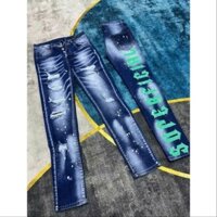 Quần Jean Nam ống rộng boy phố DSQ Xanh Bản 4Cúc phối rách In chữ ống ôm  cao cấp