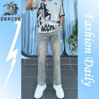 Quần Jean Nam Ống Suông DRAGON DRG600 High Street Họa Tiết Thêu Phối Màu Xanh Rêu