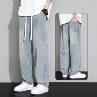 Quần jean nam phong cách Hồng Kông quần ống thẳng dáng rộng xu hướng eo cao quần ống rộng thương hiệu hợp thời trang eo dây rút chống mài mòn quần thường ngày ZT058