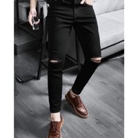 Quần jean nam quần bò màu đen rách hai gối thời trang cá tính dễ phối đồ chất jean bò co dãn thoải mái vận động ms50