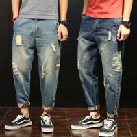 Quần Jean Nam quần chín điểm ống thẳng rộng rãi cỡ lớn mỏng của nam giới quần dài rằn ri rách thương hiệu ăn mày/3.10
