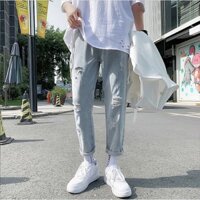 Quần jean nam, quần jean baggy nữ unisex rách gối màu xanh nhạt hà nội hcm 070 049 chuyensiluxury freeship hà nội hcm