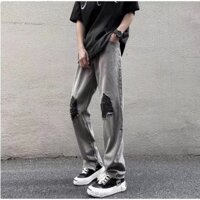 Quần jean nam rách gấu màu xanh xám ống rộng loe phong cách hiphop hàn quốc, quần bò denin nam mùa thu đông cao cấp