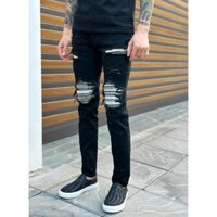 Quần jean nam rách gối bó da trắng chất liệu denim DSQ phối họa tiết đơn giản mẫu mới nhập hàng quản châu cao cấp