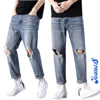 Quần Jean Nam Rách Gối Dáng Baggy Màu Xanh Nhạt RT2 Chất Liệu Jean Cao Cấp Jean 18