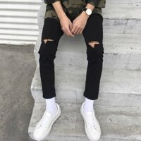 Quần Jean Nam Rách Gối Màu Đen Vải Co Giãn, Không Phai Màu Dáng Skinny Phong Cách Hàn Quốc-J04