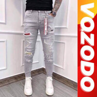 Quần jean nam rách gối màu xám trắng chất bò cao cấp co dãn 4 đẹp quần bò na trơn form dáng skinny Vozodo 63 mẫu mới