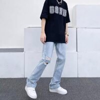 Quần Jean Nam Rách Gối Ống Loe Màu Xanh - Quần Bò Nam Đẹp Cao Cấp HOT TREND