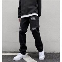Quần jean nam rách thêu hoa lót ống rộng mùa thu đông cao cấp, quần bò denim nam đen rách gấu phối vá mảnh hiphop