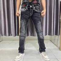 Quần jean nam ROCK REVIVAL thêu phối da thật màu đen wash M7