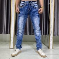 Quần jean nam ROCK REVIVAL thêu chữ R màu xanh jean wash loang Denim M15