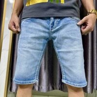 Quần jean nam short ROCK  , túi thêu chữ R phối da wash màu xanh jean