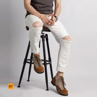 Quần Jean Nam trắng phối rách gối cao cấp thương hiệu Chandi, phong cách tôn dáng nam tính chất jean co dãn Mẫu mới MS07 - Màu Trắng - 34