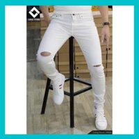 Quần Jean Nam Trắng Rách Gối Cao Cấp Co Giãn Không Bay Màu 303
